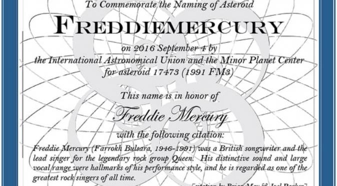 Freddie Mercury sebagai nama asteroid