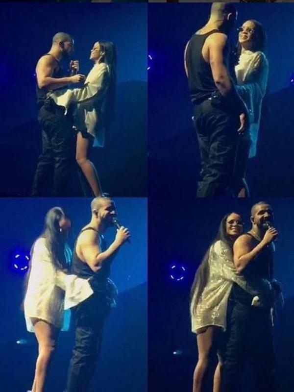 Rihanna dan Drake memamerkan kemesraan mereka di konser Drake, Minggu (11/9/2016), di Los Angeles. (Sumber: Instagram)