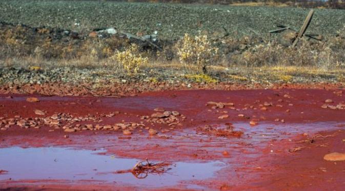Berubahnya warna Sungai Daldykan menjadi merah darah akibat tumpahan di salah satu pabrik Norilsk Nickel (AFP/Green Peace)