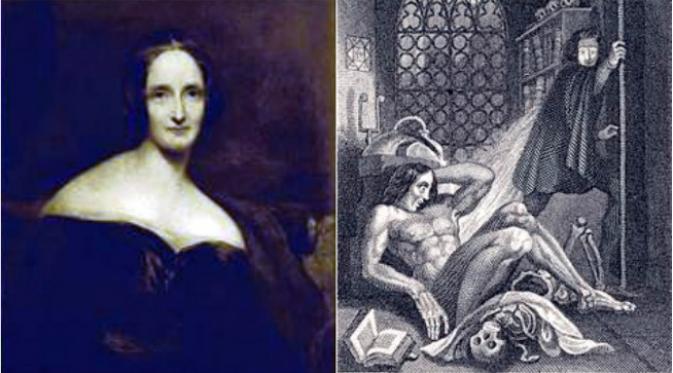 Mary Shelley dan sampul depan terbitan pertama novelnya pada 1831. (Sumber Lord Byron via British Library/Flickr dan Theodore Von Holst via Wikimedia Commons)