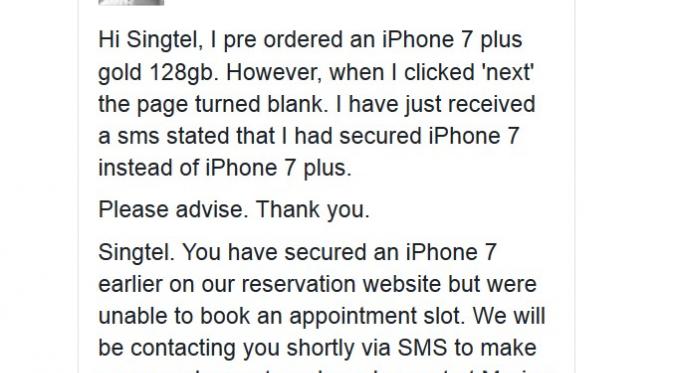 Kekecewaan konsumen terhadap operator telekomunikasi di Singapura karena stok iPhone 7 terbatas (Sumber: Phone Arena)