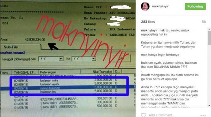 Bukti transfer yang diduga dari Ayu Ting Ting kepada Amy Qanita yang beredar luas di dunia maya. (Instagram @maknyinyir)