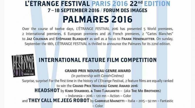 Kemenangan film Headshot di L’ETRANGE Festival Paris 2016. (Dok. Screenplay)