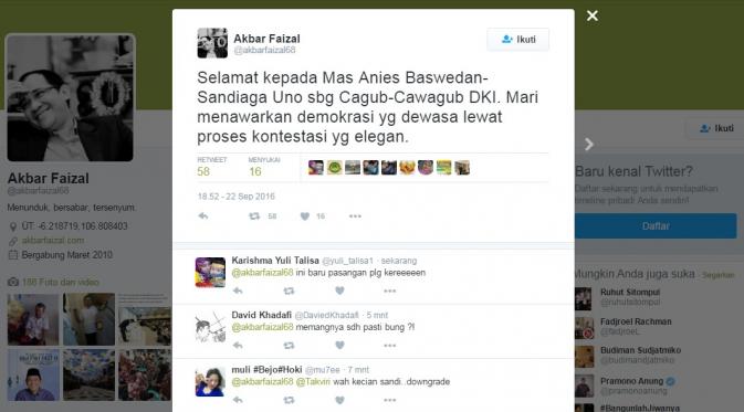 Twit politikus Partai Nasdem Akbar Faizal. (Twitter)