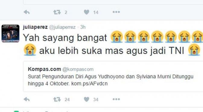Cuitan Julia Perez di Twitter soal Agus Yudhoyono (Twitter)