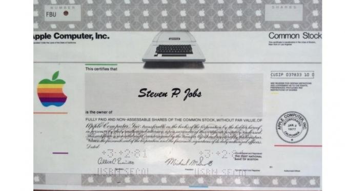 Seperti inilah sertifikat kepemilikan saham pertama Apple milik Steve Jobs yang dijual Rp 2,5 miliar (Sumber: ZDNet)