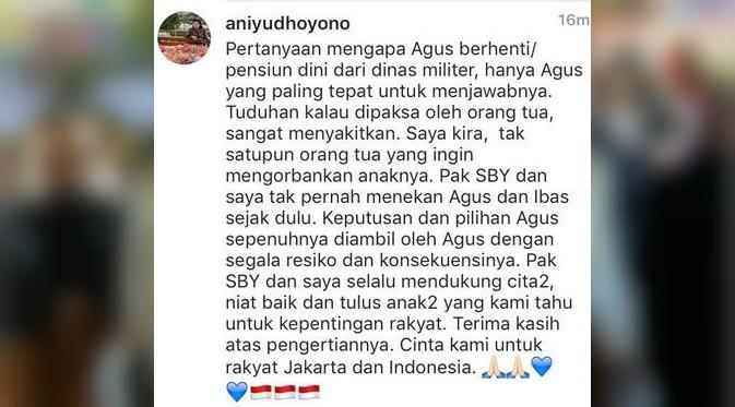 Ani Yudhoyono menjawab tudingan Agus dipaksa jadi cagub DKI. (Liputan6.com)