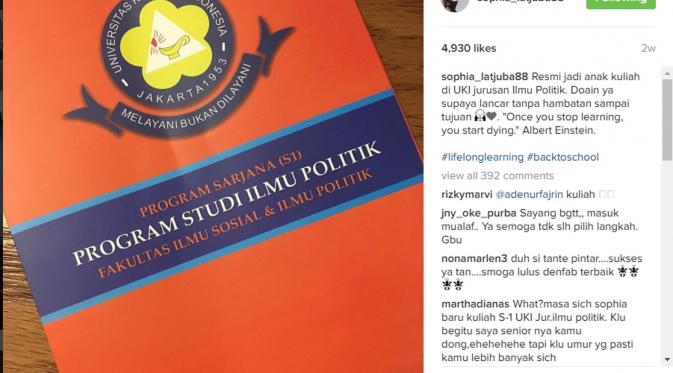 Sophia Latjuba memposting berkas pendaftarannya di kampus UKI, jurusan Ilmu Sosial dan Ilmu Politik. (Instagram @sophia_latjuba88)