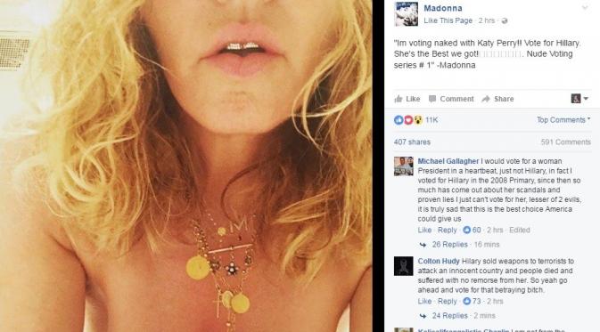 Demi meraih pendukung bagi Hillary Clinton, Madonna unggah foto tanpa busana di media sosial.