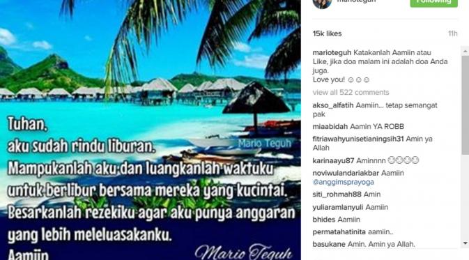 Meme doa di akun instagram Mario Teguh untuk pergi berlibur. (Instagram @marioteguh)