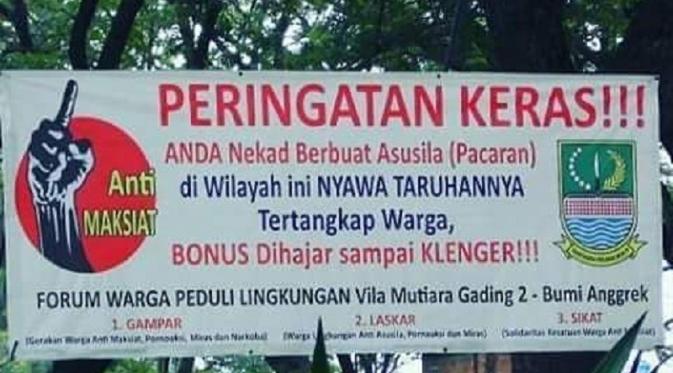 Spanduk yang melarang pacaran di salah satu wilayah Bekasi tuai kontroversi | foto ; facebook