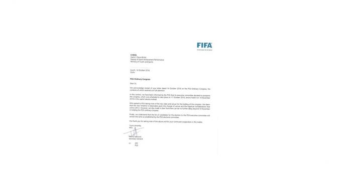 Surat FIFA soal kasus polemik kota lokasi Kongres Pemilihan PSSI (Bola.com/Dok. Kemenpora)