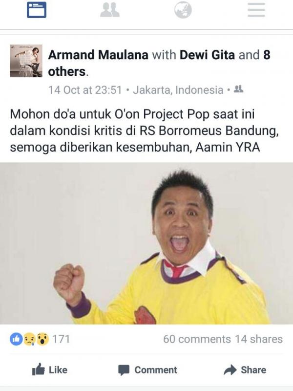 O'on Project Pop kritis di rumah sakit (Facebook/Armand Maulana)