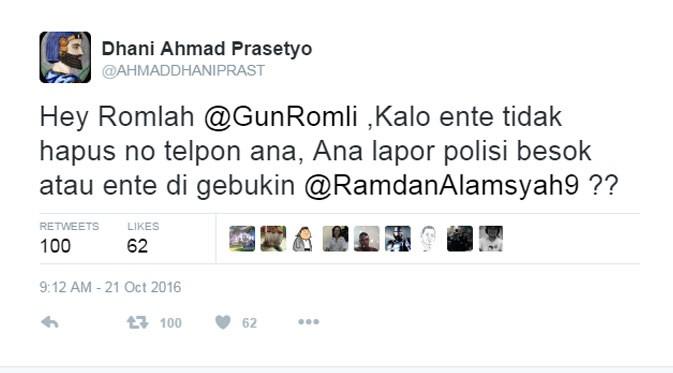 Kicauan Ahmad Dhani yang ditujukan kepada Guntur Romli. (via Twitter)