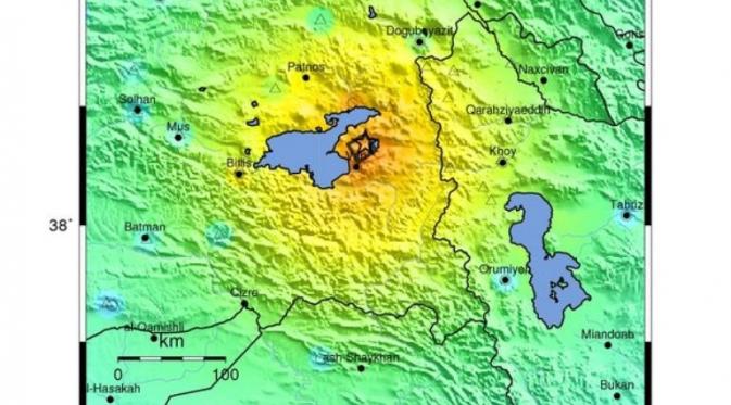 Peta gempa bumi di 2 kota Turki. (USGS)