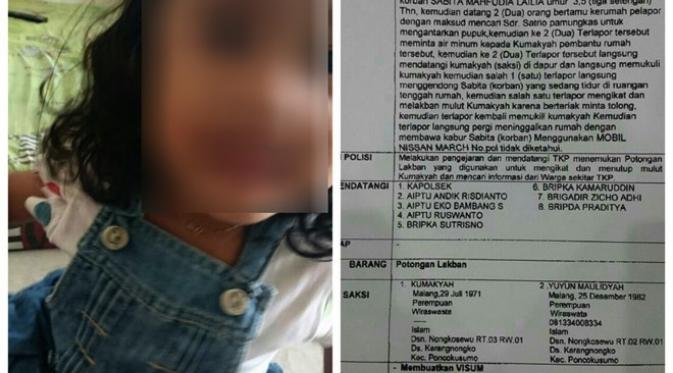  Sabita Mahfudiah Lailia, bocah 3,5 tahun warga Poncokusomo, Kabupaten Malang, Jawa Timur, menjadi korban penculikan. (Foto: Istimewa)