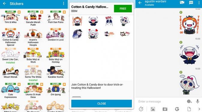 Stiker anyar dari BBM dengan tema Halloween yang menampilkan Cotton dan Candy