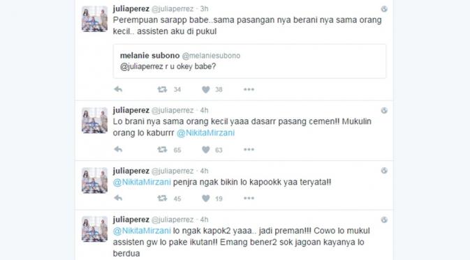 Kemarahan Julia Perez di Twitter kepada Nikita Mirzani. (Twitter @juliaperrez)