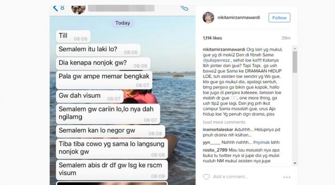 Reaksi Nikita Mirzani terhadap tudingan pemukulan asisten Julia Perez. (Instagram/nikitamirzanmawardi)
