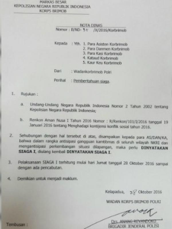 Surat Korps Brimob tentang pemberlakuan status keamanan 'Siaga I' di seluruh wilayah NKRI. (Ist)