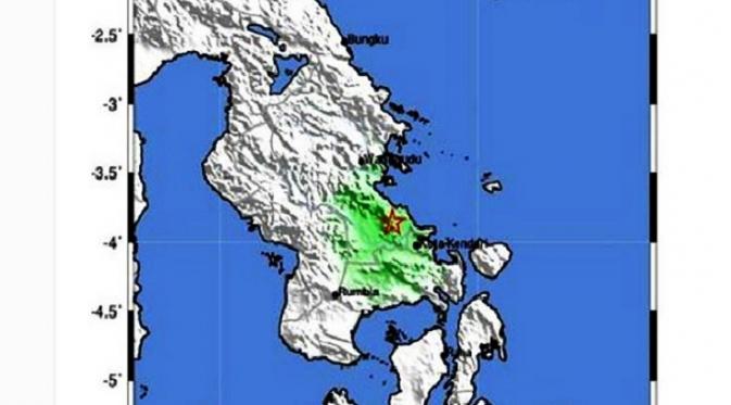  Gempa bumi tektonik berkekuatan 4,3 skala Richter mengguncang wilayah Kendari, Sulawesi Tenggara, Minggu (30/10/2016) pukul 12.41 Wita. (Twitter/@infobmkg)