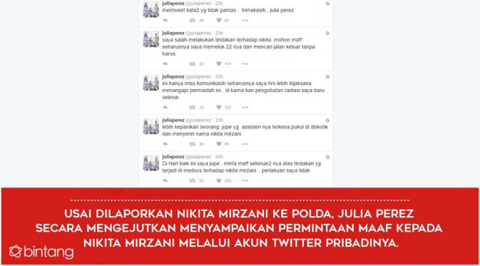 Pasang Surut Perseteruan Julia Perez dan Nikita Mirzani. (Foto: Twitter @juliaperrez, Desain: Nurman Abdul Hakim/Bintang.com)