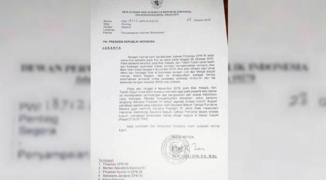 Surat Fadli Zon ke Presiden Jokowi. (Liputan6.com/Taufiqurrohman)