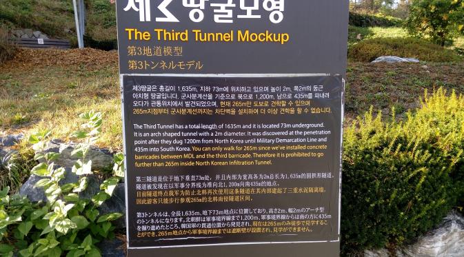 Keterangan tentang terowongan rahasia di kawasan 3rd Infiltration Tunnel yang berada di wilayah perbatasan Korea Selatan-Korea Utara. (Liputan6.com/Rinaldo)