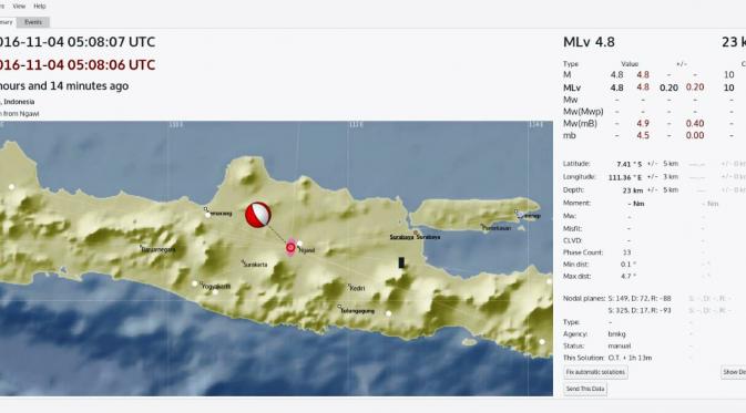 Gempa bumi tektonik 4,9 SR mengguncang wilayah barat laut Madiun, Jawa Timur, atau sebelah utara Gunung Lawu. (Liputan6.com/Zainul Arifin)