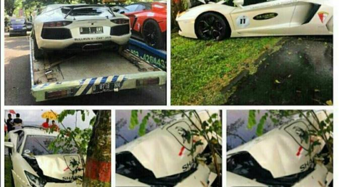 Kondisi mobil mewah Lamborghini Avantador milik Raffi Ahmad usai menabrak pohon. (Istimewa)