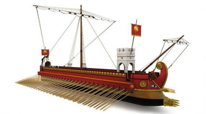 Ilustrasi kapal perang jenis quinquereme milik Romawi. (Sumber Fine Arts America)