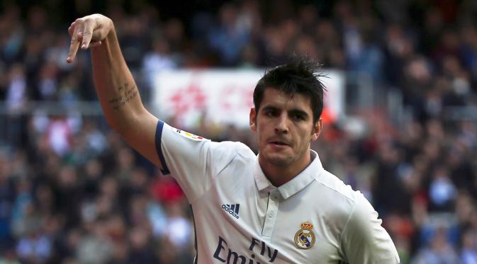 Selebrasi striker Real Madrid, Alvaro Morata usai mencetak gol ke gawang Leganes. (REUTERS/Sergio Perez)