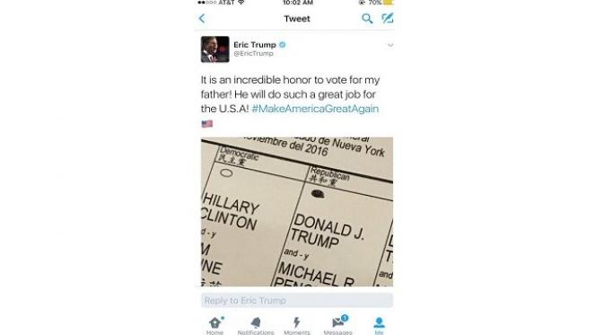 Anak Donald Trump akan mengalami masalah besar karena mengunggah foto kartu suara yang sudah digunakan.