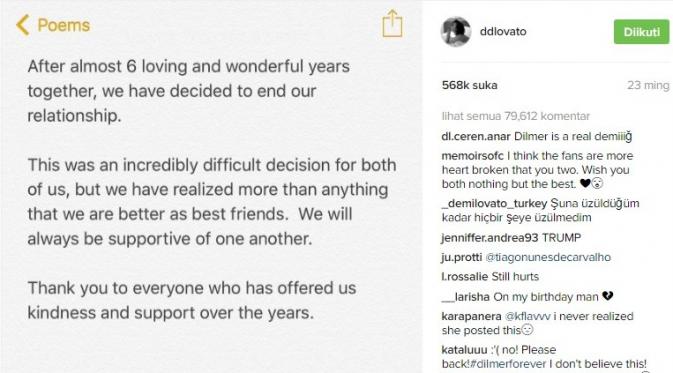 Pesan terakhir Demi Lovato dan Wilmer Valderrama saat putus. (Instagram/ddlovato)