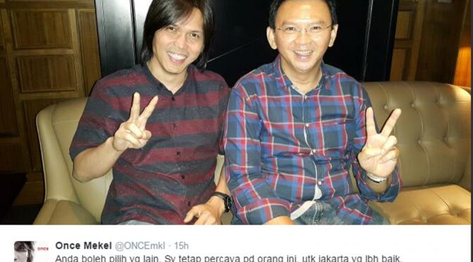 Once Mekel, meski bukan warga Jakarta tetap mendukung Ahok. Ia menilai Ahok sosok yang pantas untuk memimpin Jakarta. (twitter @ONCEmkl)