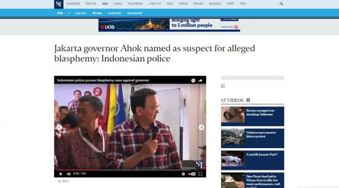 Sejumlah media internasional turut memberitakan Ahok jadi tersangka. (Foto: bintang.com)