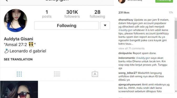 Akun Instagram Jonathan Frizzy setelah dibajak. (Instagram - @dhenafrizzy)