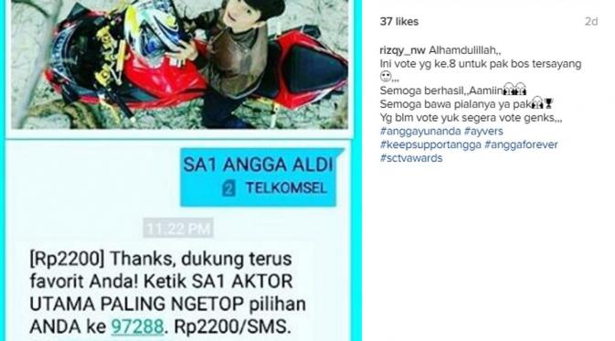Salah satu postingan penggemar yang menunjukkan capture hasil vote melalui sms untuk Angga Aldi. (Instagram @rizky_nw)