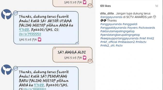 Penggemar Angga Aldi blusukan dan menunjukkan hasil voting melalui sms. (Instagram @dilla_dilla)