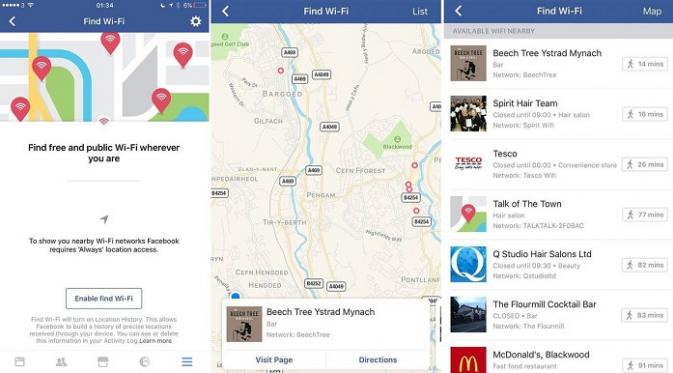 Facebook sedang menguji coba fitur pendeteksi WiFi di sekitar pengguna (Sumber: Mashable)