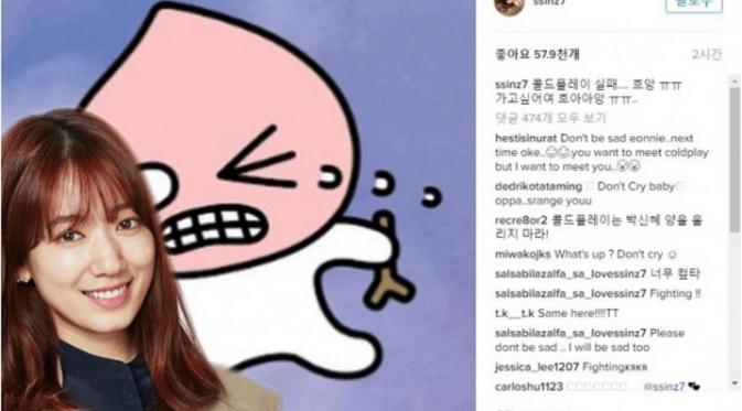 Park Shin Hye mengungkapkan kesedihannya karena gagal menonton Coldplay lewat media sosial.