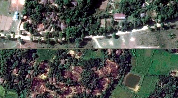 Foto dari citra satelit menunjukkan Desa Wa Peik yang dihuni oleh minoritas muslim Rohingya pada 2014 (atas) dan sesudah dibakar oleh militer Myanmar pada 10 November 2016 (bawah). (Copyright 2016 Human Rights Watch/REUTERS)