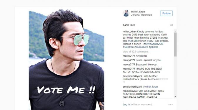 Miller Khan meminta dukungan di ajang SCTV Awards 2016 melalui Instagram. (Instagram/miller_khan)