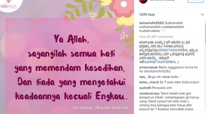 Bella Shofie memposting rangkaian kata yang berisikan doa di media sosial. (Instagram/bellashofie5292)