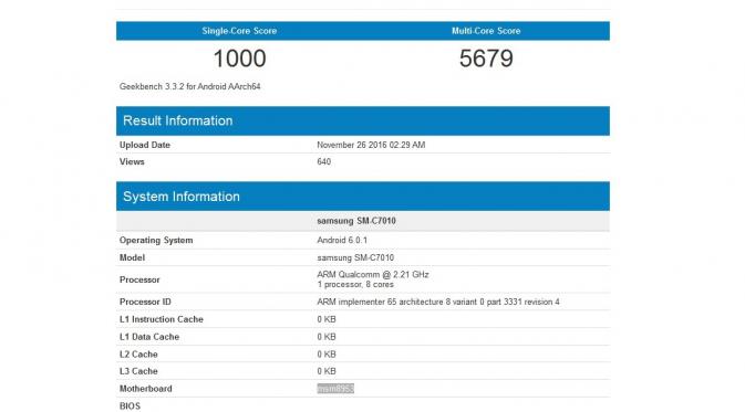 Spesifikasi smartphone diduga Samsung Galaxy C7 Pro muncul di laman pengujian benchmark (Sumber: Android Headlines)