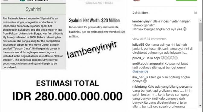 Capture estimasi jumlah kekayaan Syahrini. (Instagram @lambenyinyir)