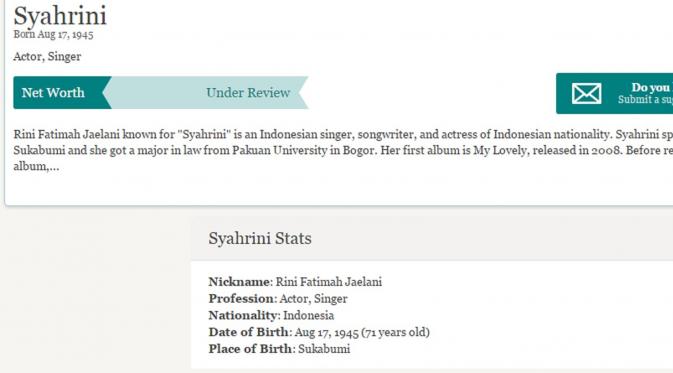 Capture estimasi jumlah kekayaan Syahrini dari situs Celebrity Networt, sedang under review. (Celebrity Networth)