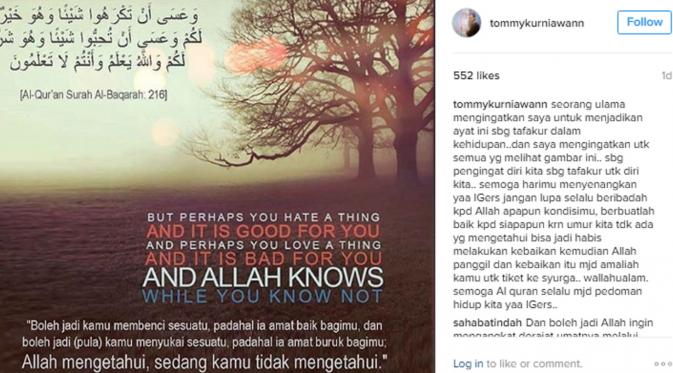 Tommy Kurniawan posting foto yang berisikan ayat suci Alquran. (Instagram/tommykurniawann)