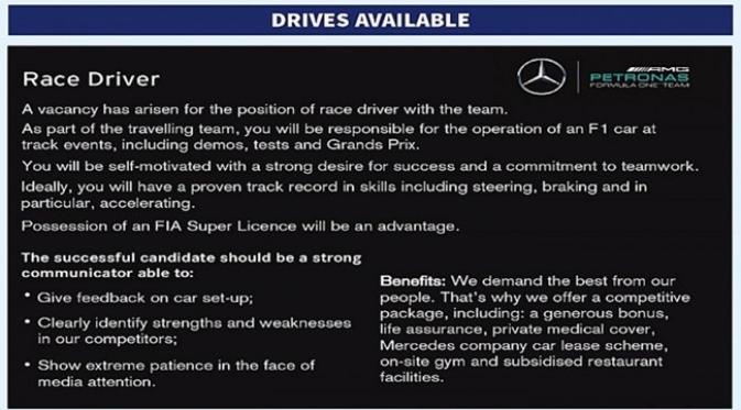 Mercedes membuka lowongan pekerjaan untuk pebalap utama (Motorsport)