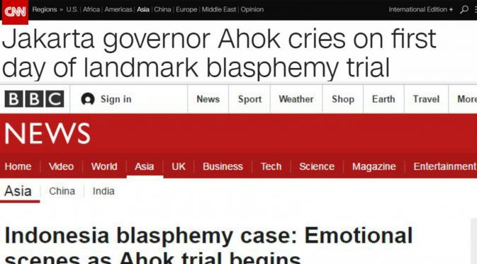Media asing menyoroti tangisan Ahok di sidang pertama dugaan kasus penistaan agama. (CNN/BBC)